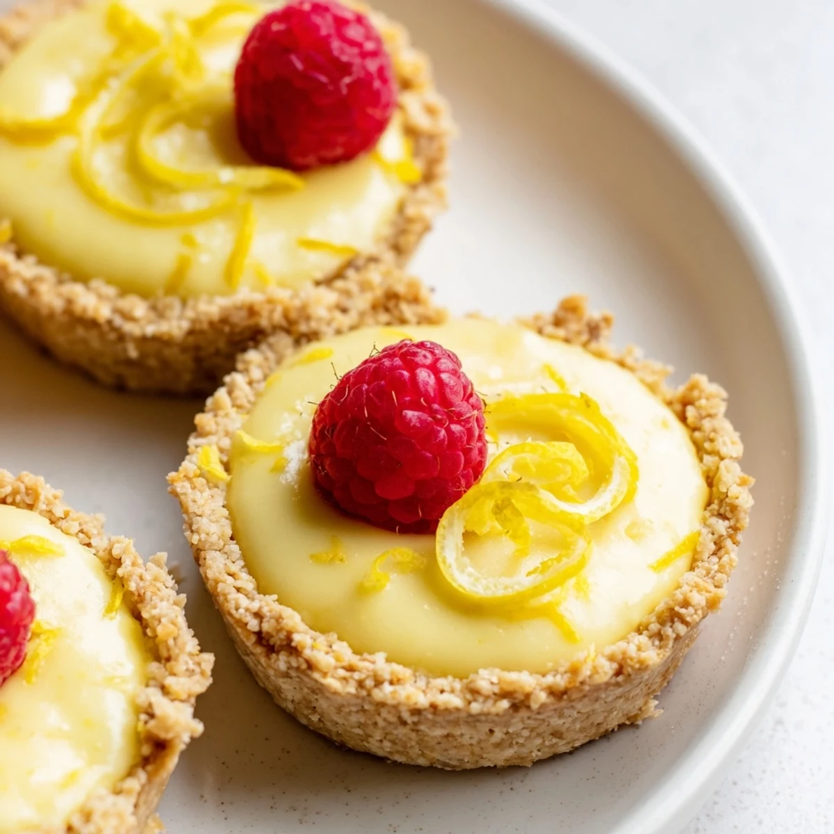 Golden mini vegan lemon tarts topped with fresh berries on a rustic white serving plate