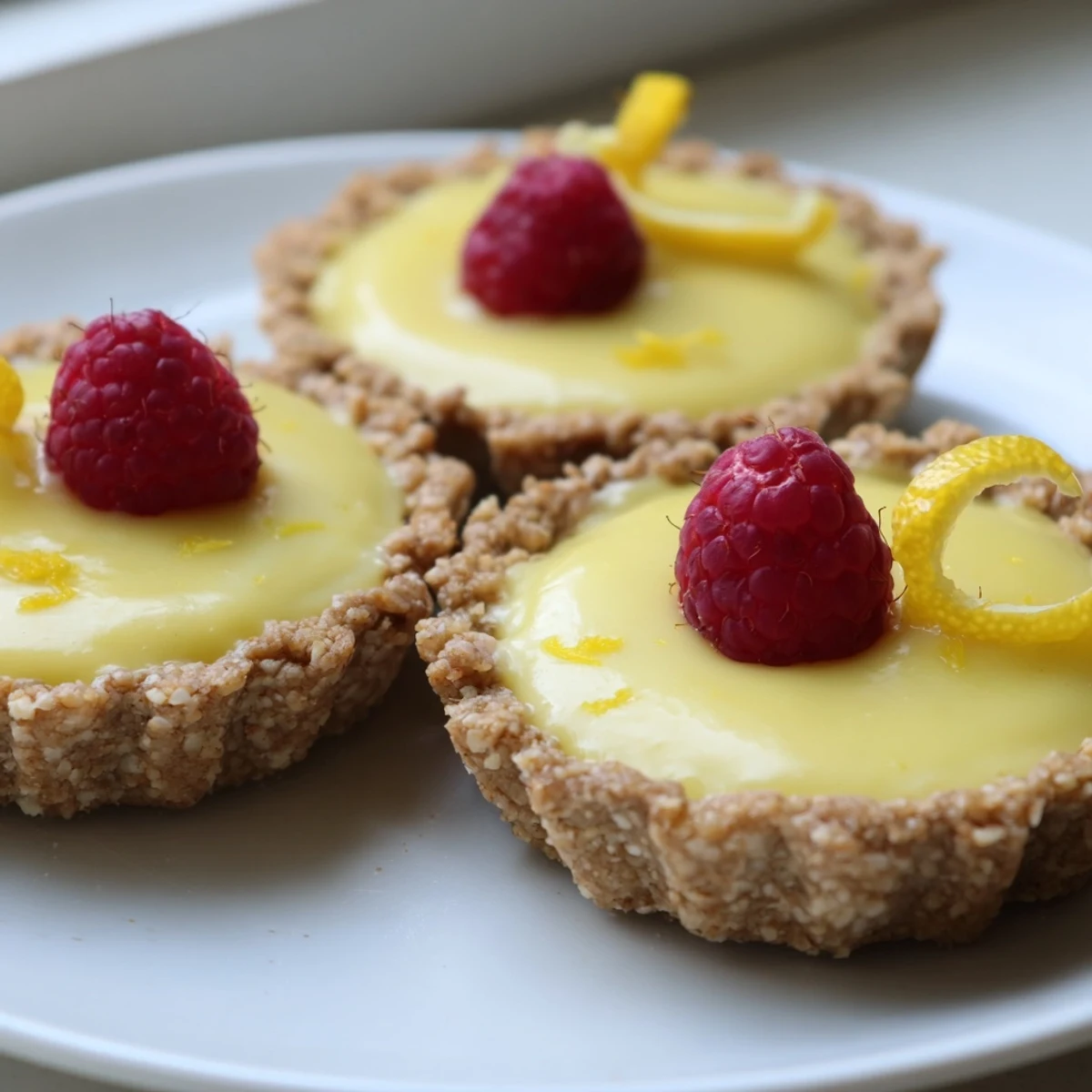 Creamy mini vegan lemon tarts in crisp almond crusts garnished with delicate lemon zest