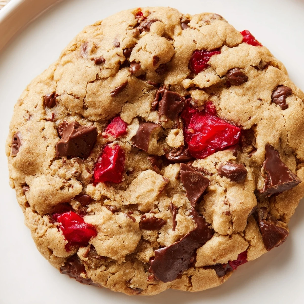 Soft maraschino cherry chocolate chip cookies with golden edges on a rustic wooden board