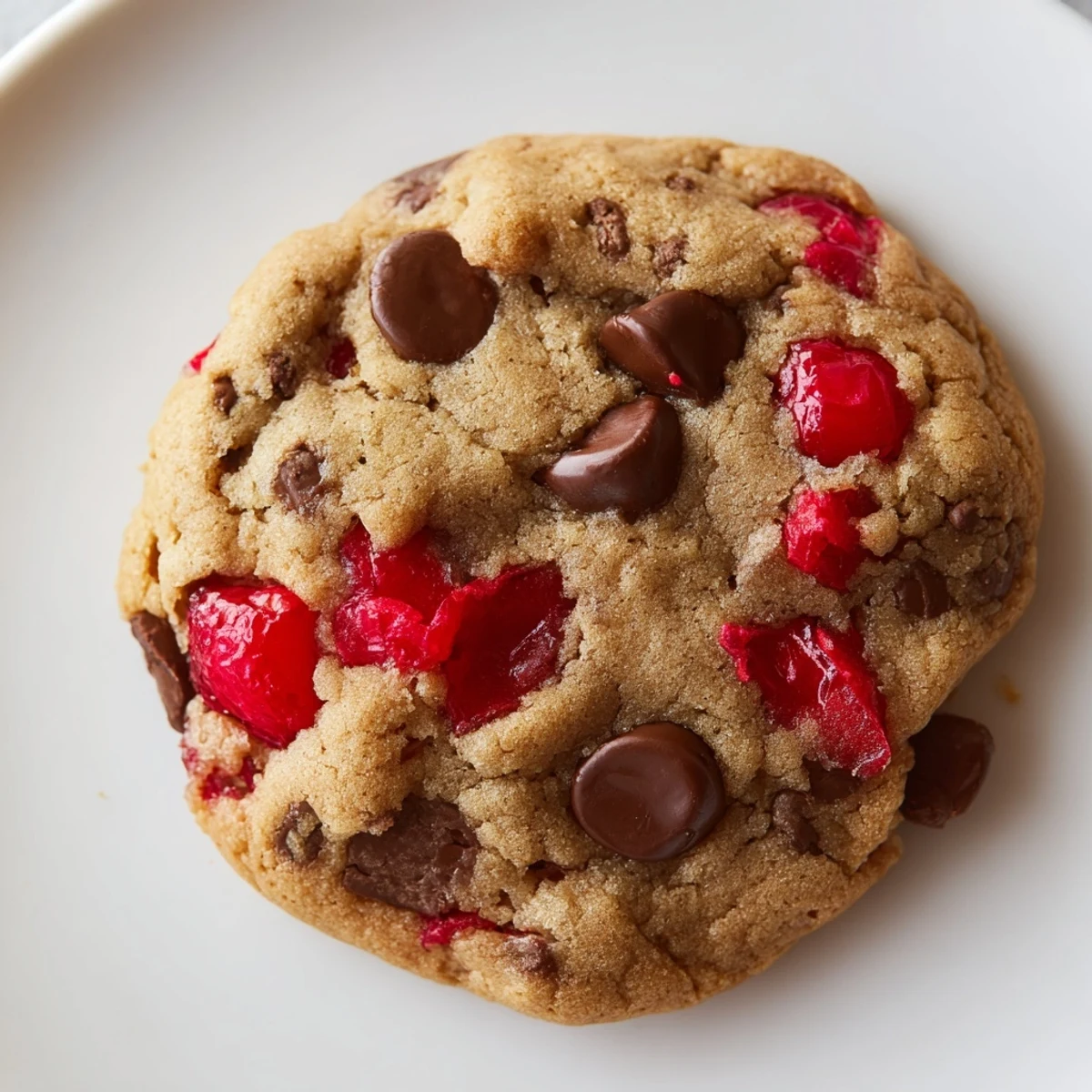 Chewy maraschino cherry chocolate chip cookie studded with bright red fruit and chocolate
