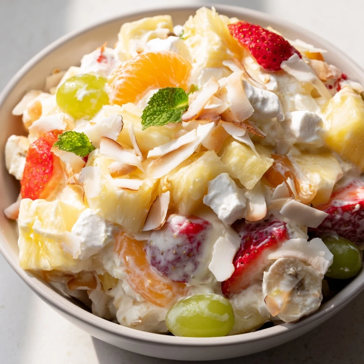 Creamy Hawaiian cheesecake salad loaded with fresh tropical fruits in a fluffy dressing