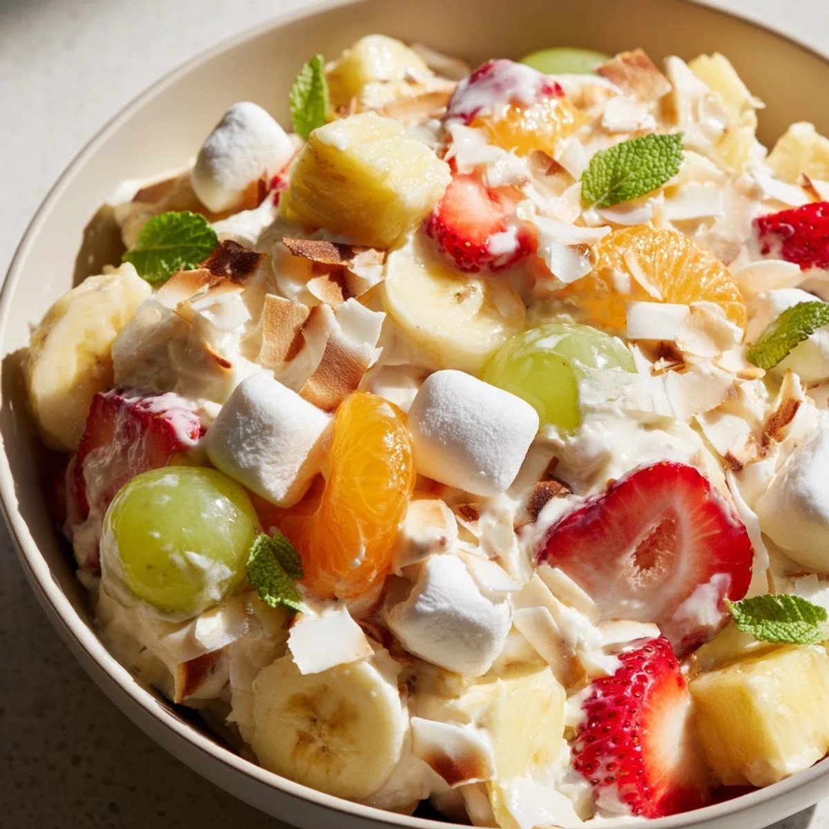 Hawaiian cheesecake salad topped with toasted coconut and vibrant strawberries in bowl