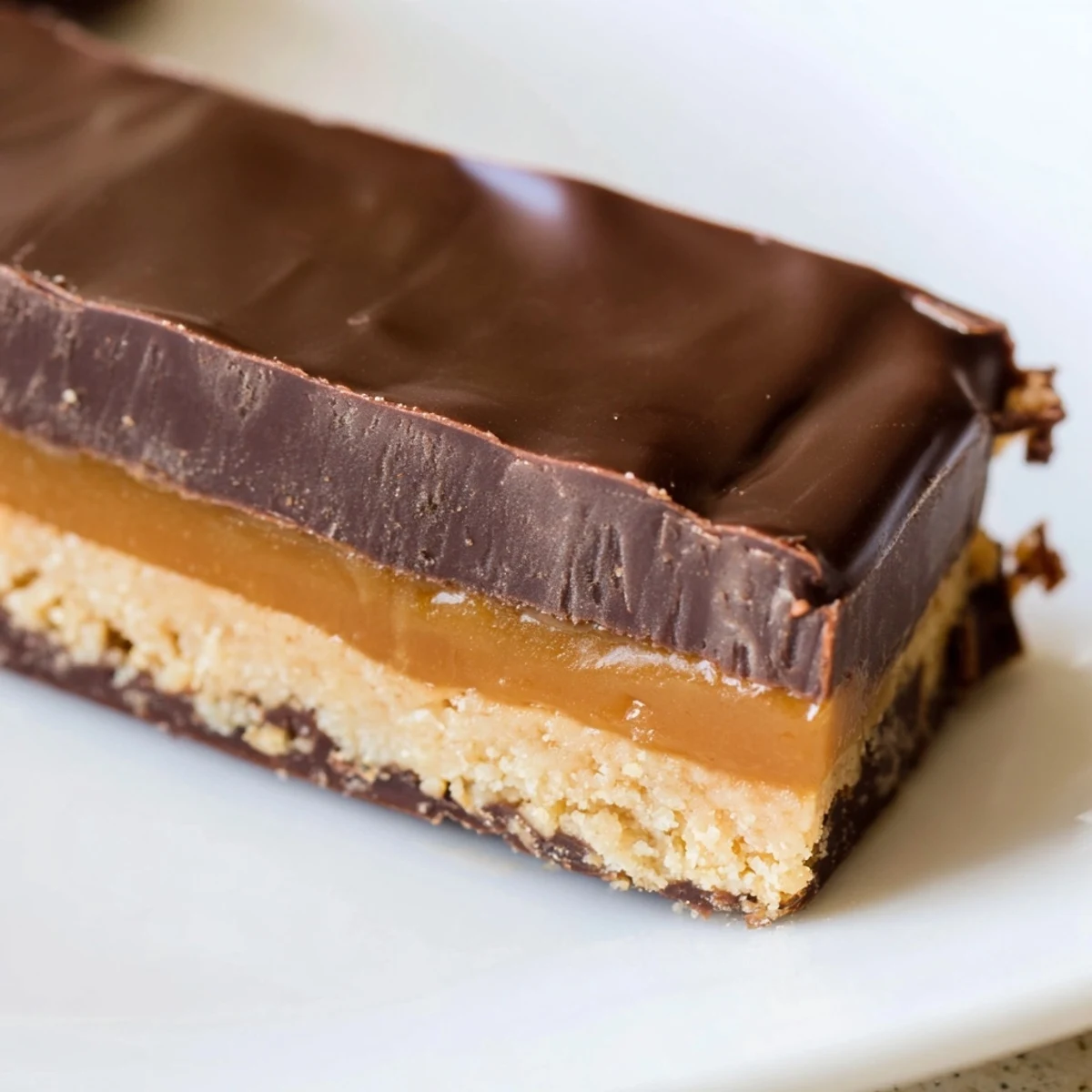 Golden Healthy Twix Bars with glossy chocolate topping and creamy date caramel layer
