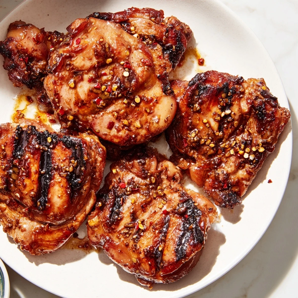 Golden chicken thighs with caramelized skin glazed in killer chicken thigh marinade on a white platter