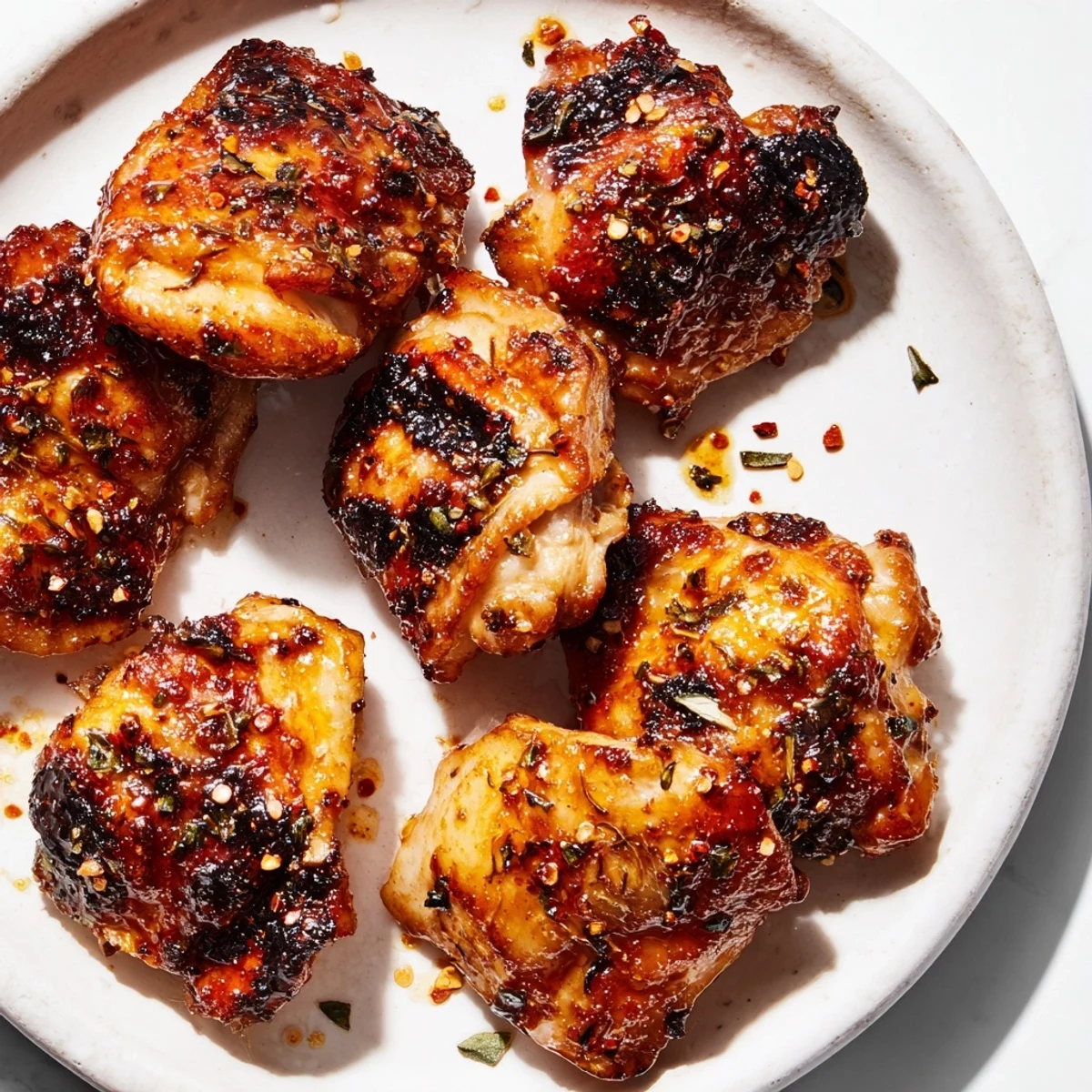 Crispy roasted chicken thighs coated in sticky killer chicken thigh marinade with herbs and spices