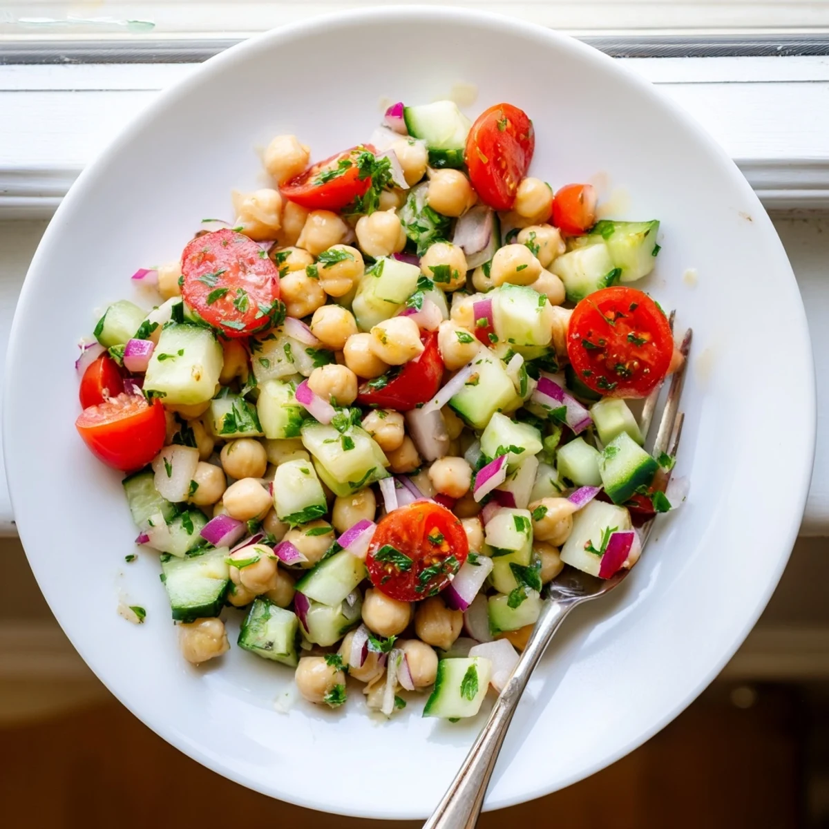 Chickpea cucumber salad in a white bowl with fresh herbs and lemon dressing