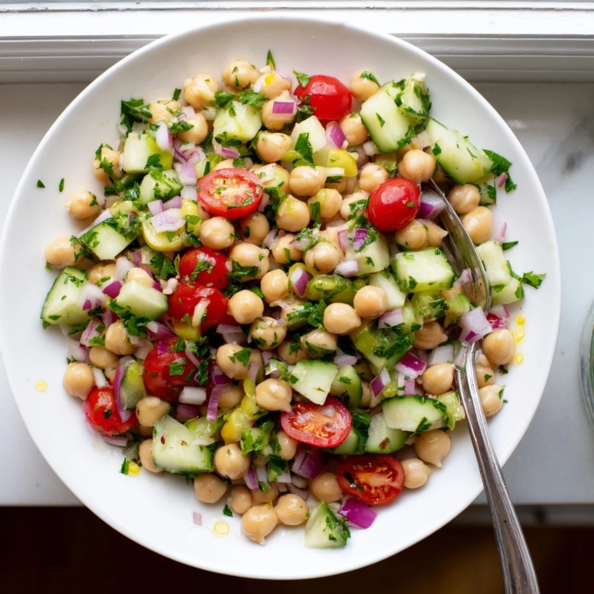 Crispy chickpea cucumber salad topped with juicy tomatoes and bright green parsley