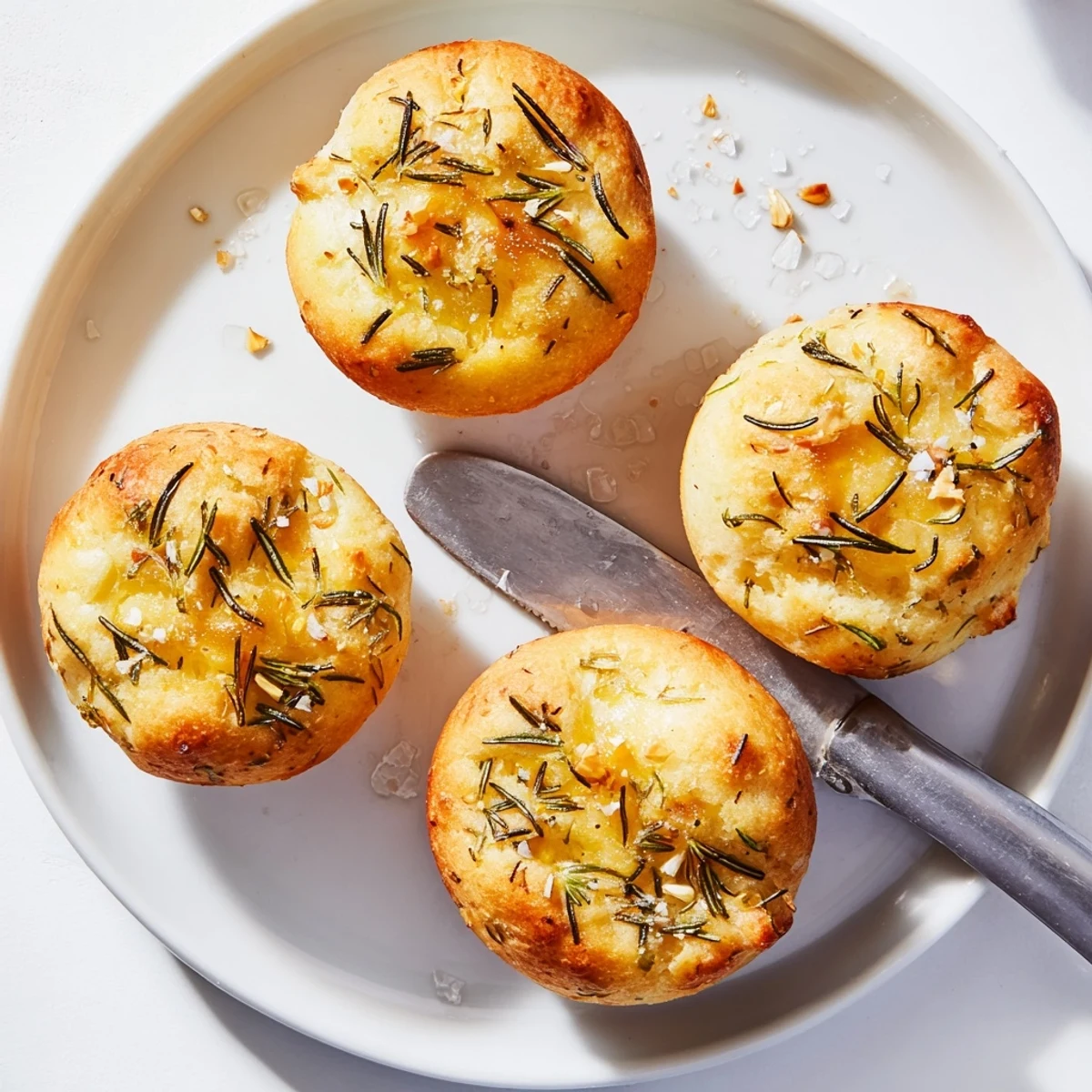 Golden garlic rosemary focaccia muffins topped with olive oil and fresh herbs on rustic plate