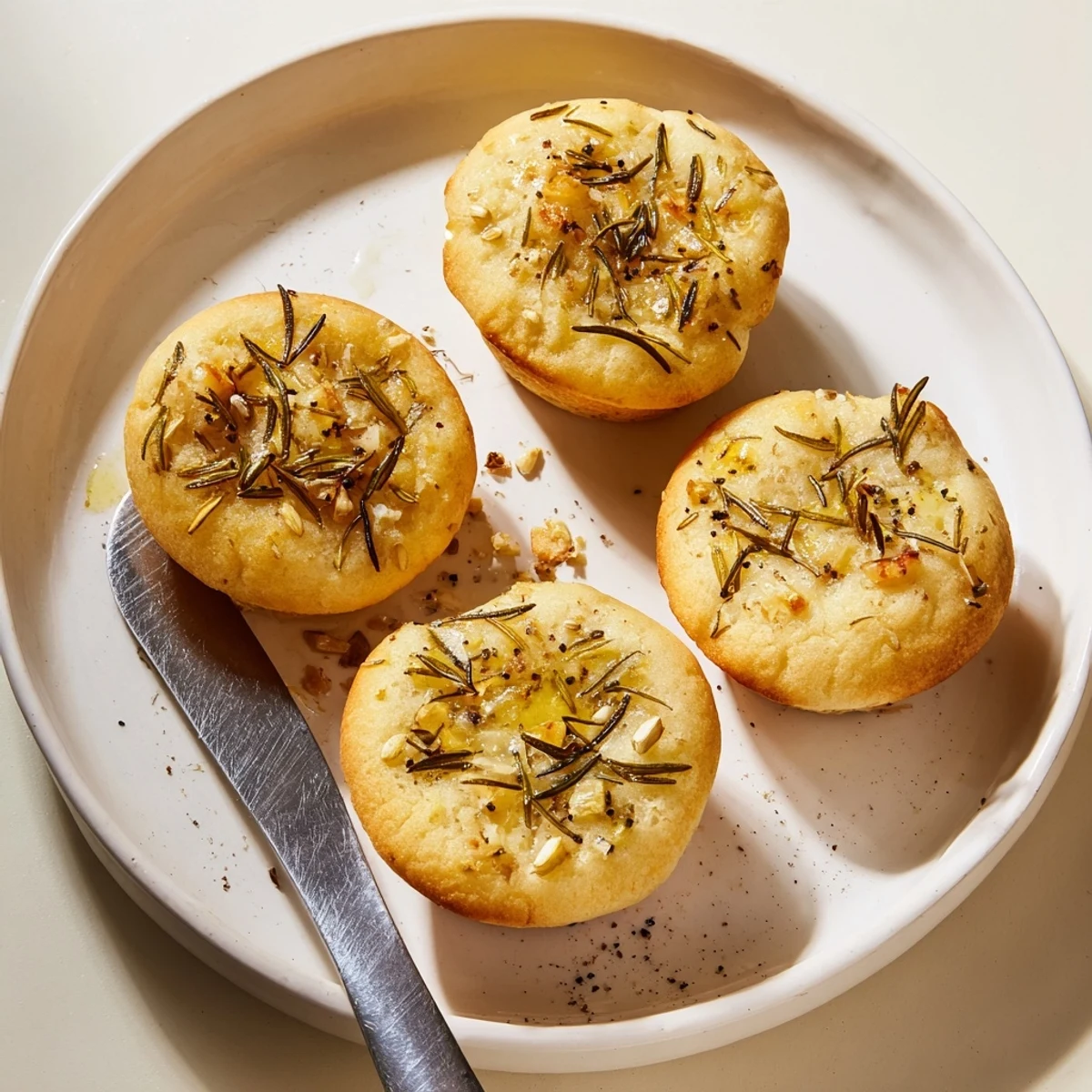 Warm garlic rosemary focaccia muffins with crispy edges and soft interior ready for serving