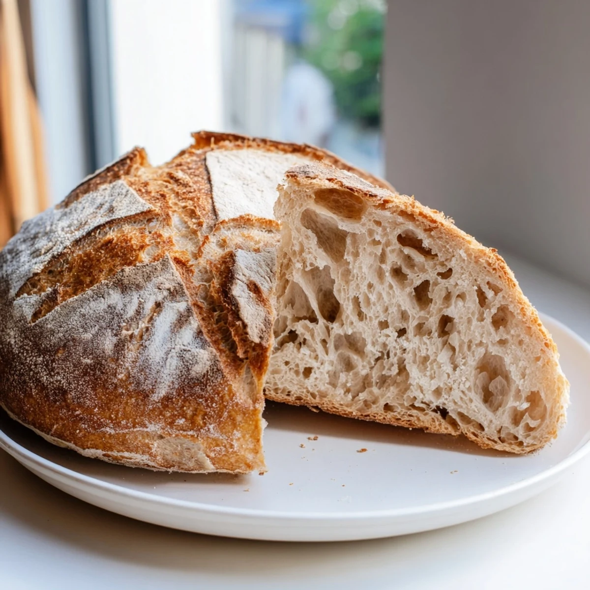 Sliced sourdough bread revealing a chewy open crumb on a rustic cutting board