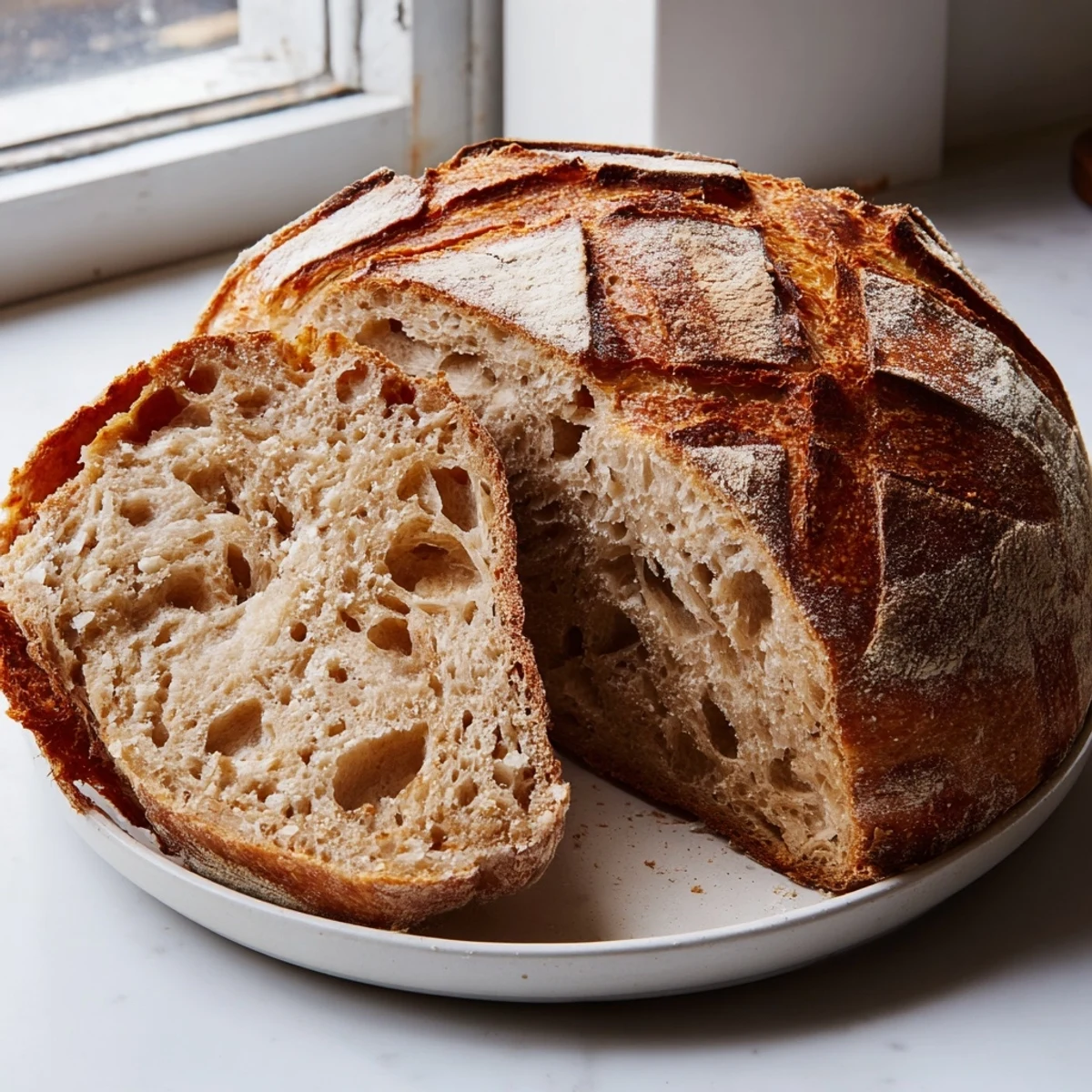 Golden crusty sourdough bread fresh from the Dutch oven with artisan scores