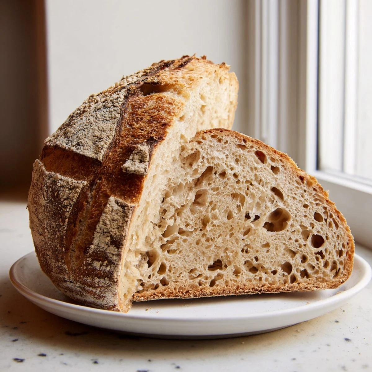 Warm sourdough bread loaf cooling on a wire rack beside cultured butter