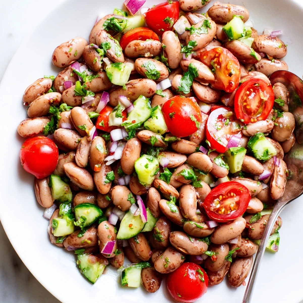 Tender pinto beans mixed with crisp cucumber and zesty lime dressing