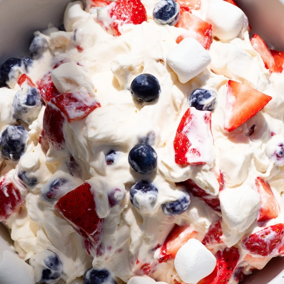 Creamy Red White Blue Cheesecake Salad topped with fresh strawberries and plump blueberries