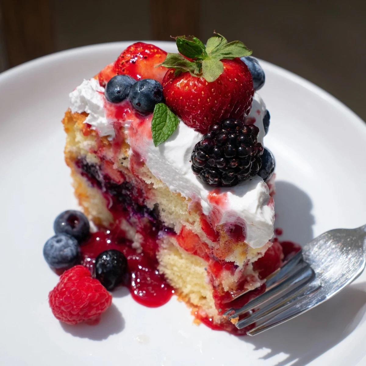 Summer Berry Poke Cake topped with fresh berries and fluffy whipped cream frosting
