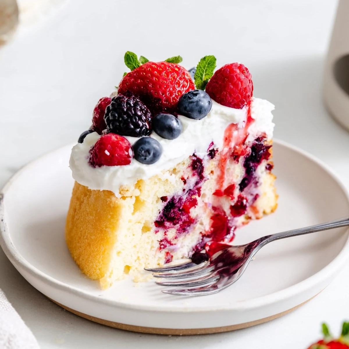 Moist Summer Berry Poke Cake sliced to reveal vibrant berry sauce soaked inside