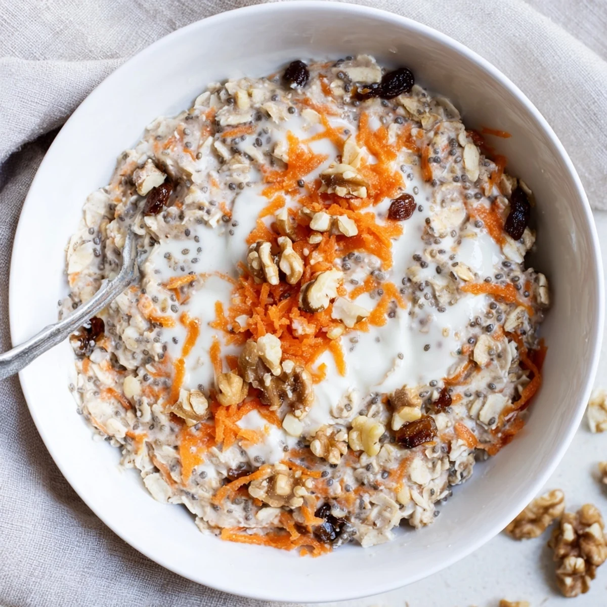 A bowl of carrot cake overnight oats sprinkled with grated carrot, raisins, and warm cinnamon spices
