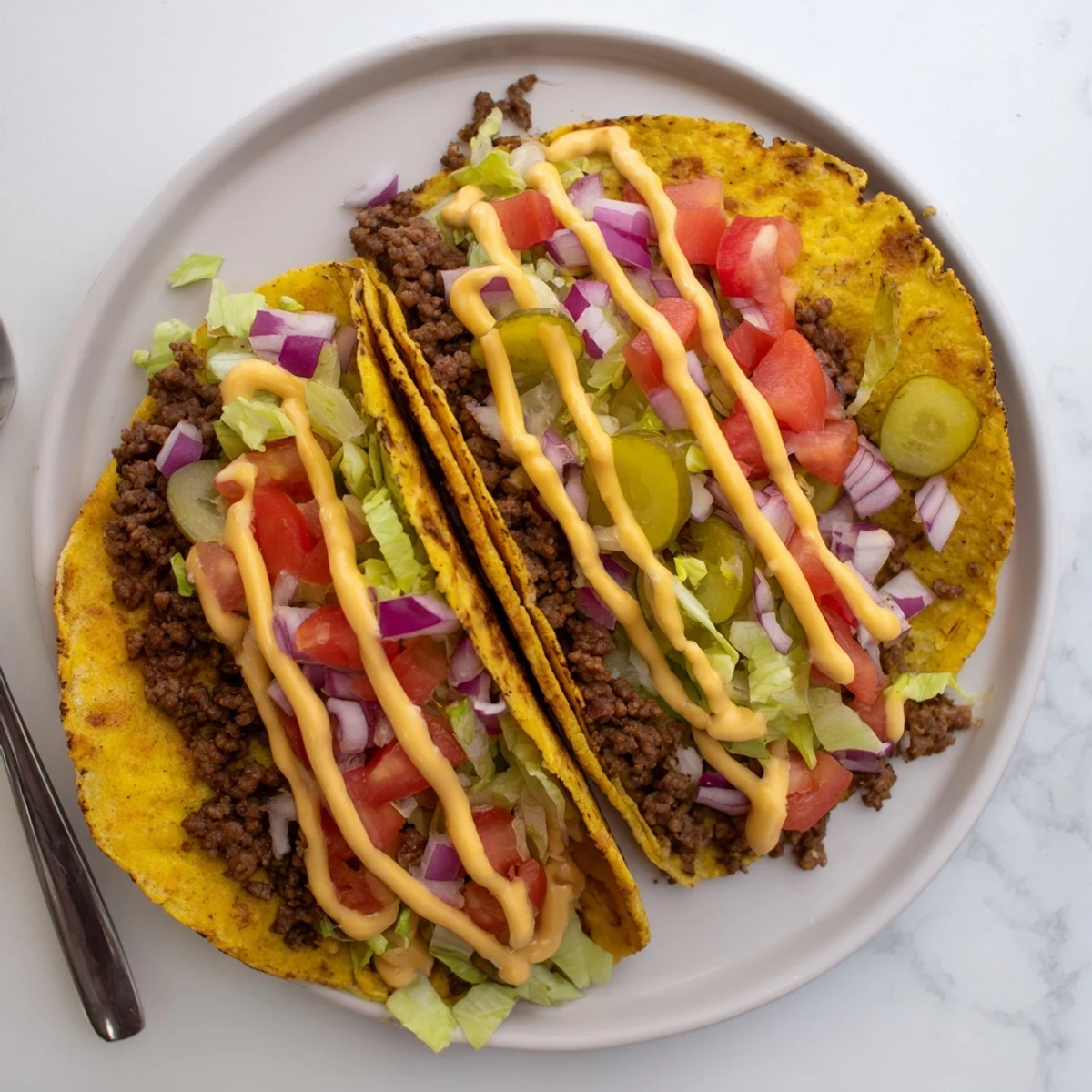 Crispy smash burger tacos loaded with melted cheddar, fresh lettuce, and tangy burger sauce