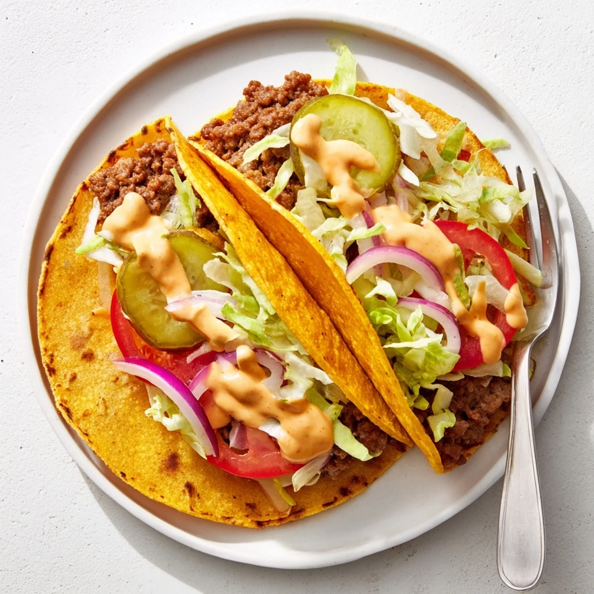 Golden flour tortilla tacos stuffed with juicy smashed beef, diced tomato, and creamy sauce