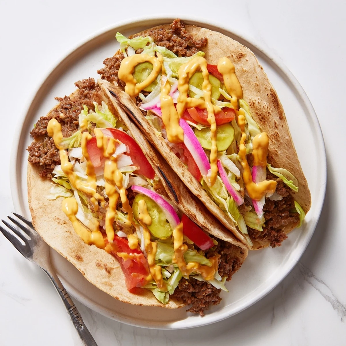 Hot smash burger tacos topped with crunchy pickles, shredded cheese, and a drizzle of sauce