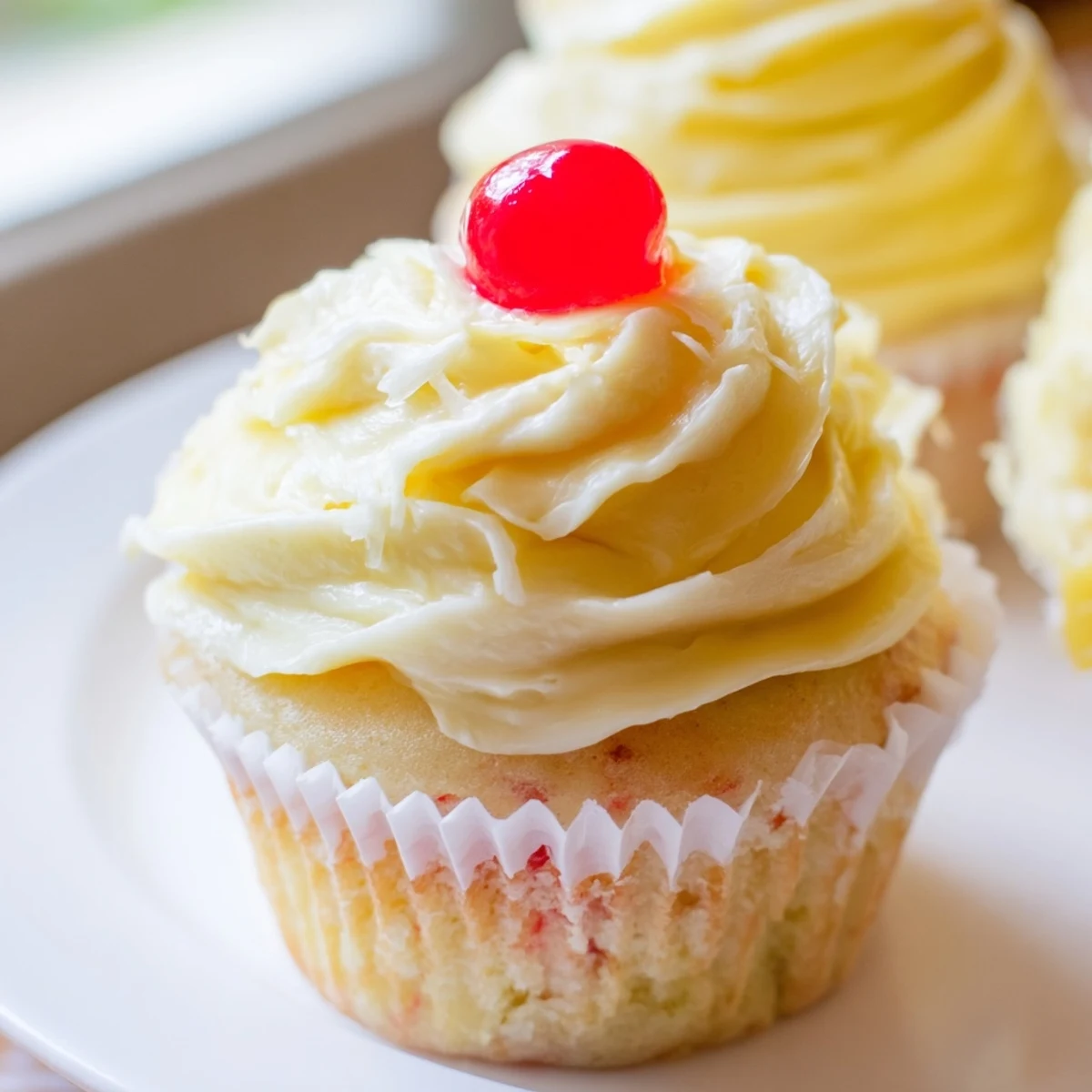 Moist pineapple Dole Whip Cupcakes piped with fluffy whipped frosting on a plate