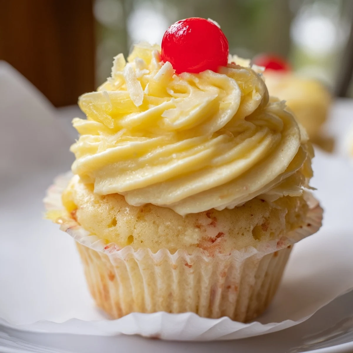 A batch of Dole Whip Cupcakes with yellow pineapple cream and tropical garnish