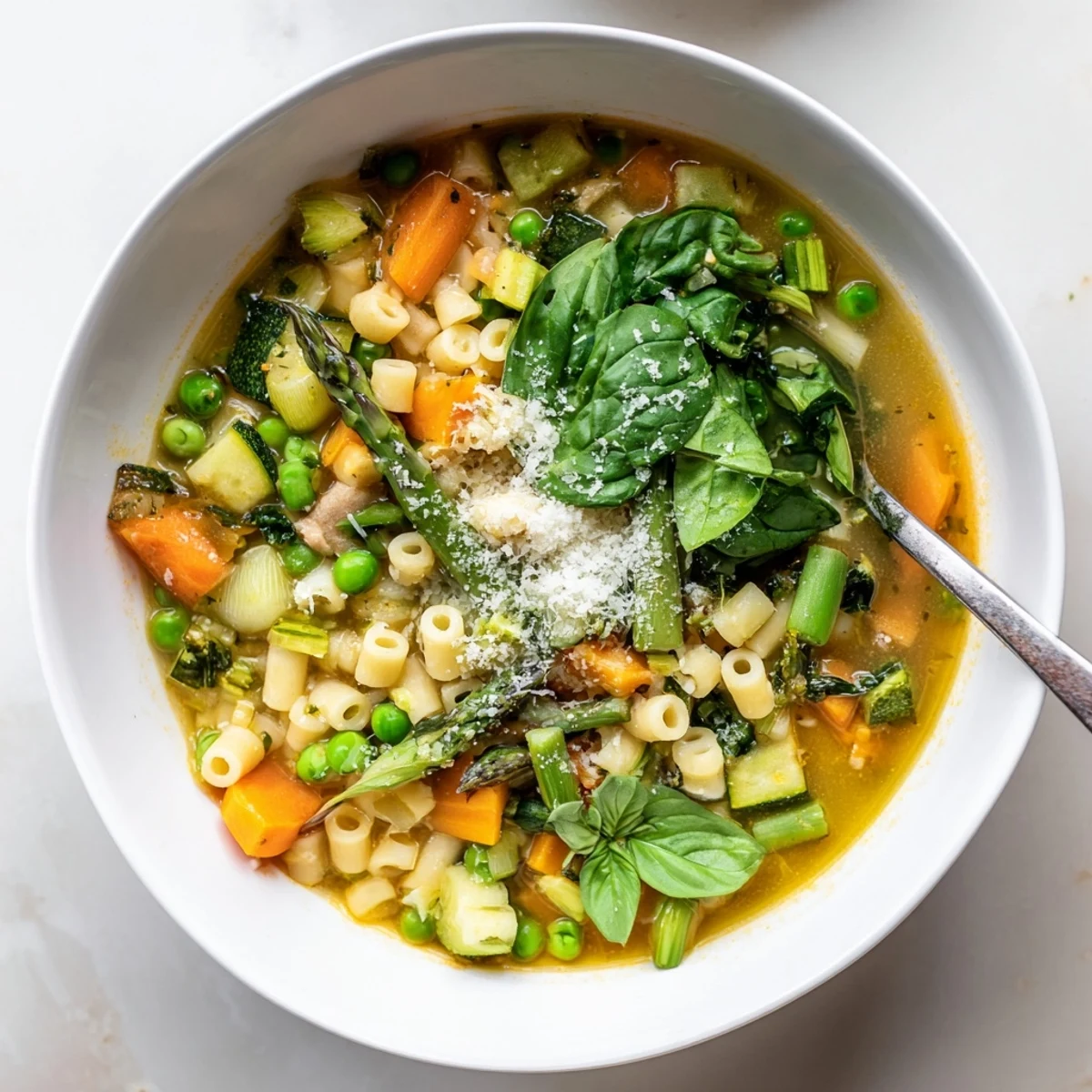 Bowl of spring minestrone soup recipe brimming with tender pasta and green vegetables