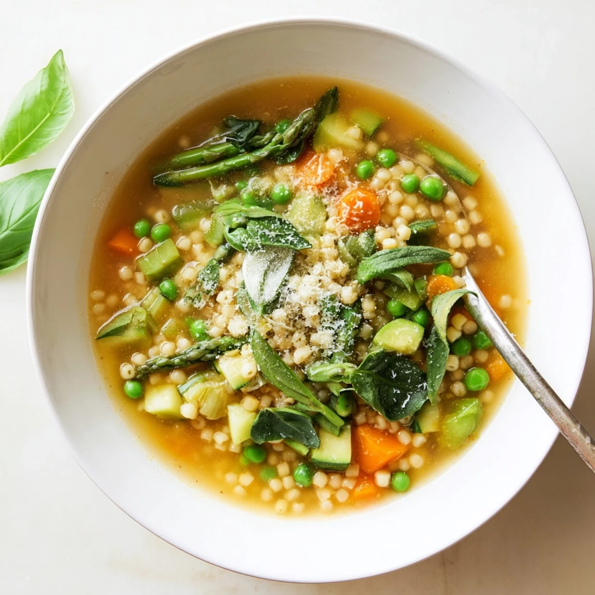 Hearty spring minestrone soup recipe served with crusty bread and bright herb flecks