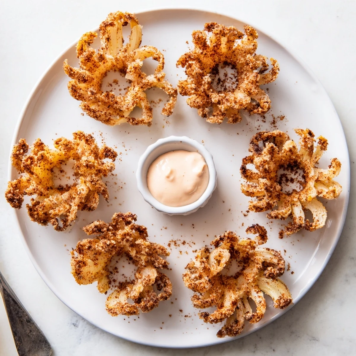 Golden crispy mini bloomin onions served with spicy horseradish dipping sauce