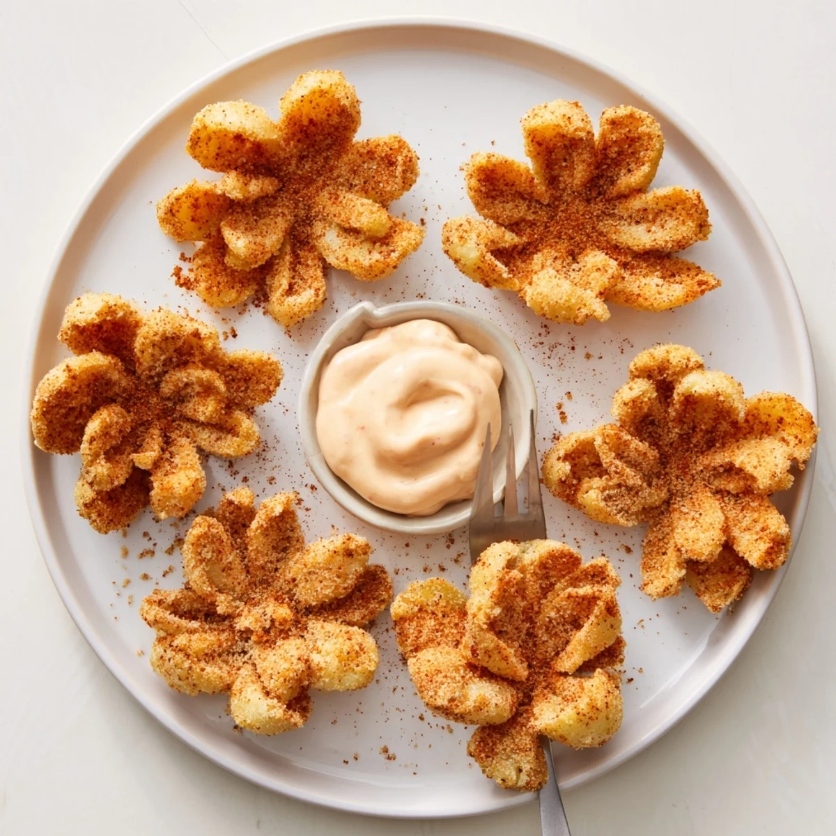 Deep-fried mini bloomin onions with crunchy golden petals on a white plate