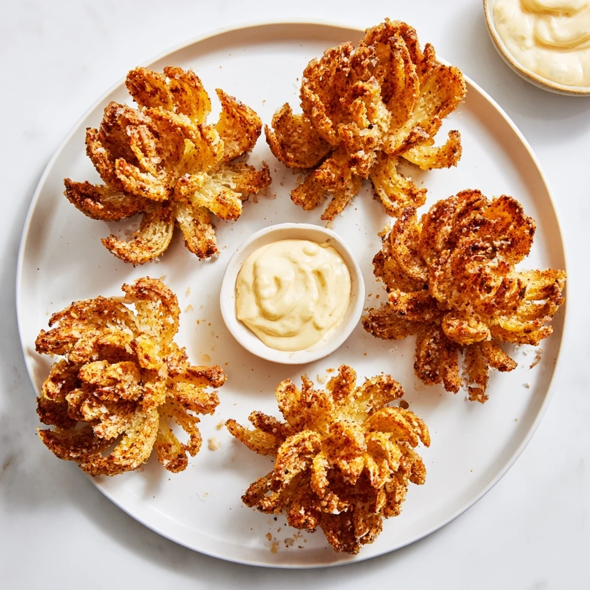 Six crispy mini bloomin onions arranged on a platter with creamy dip