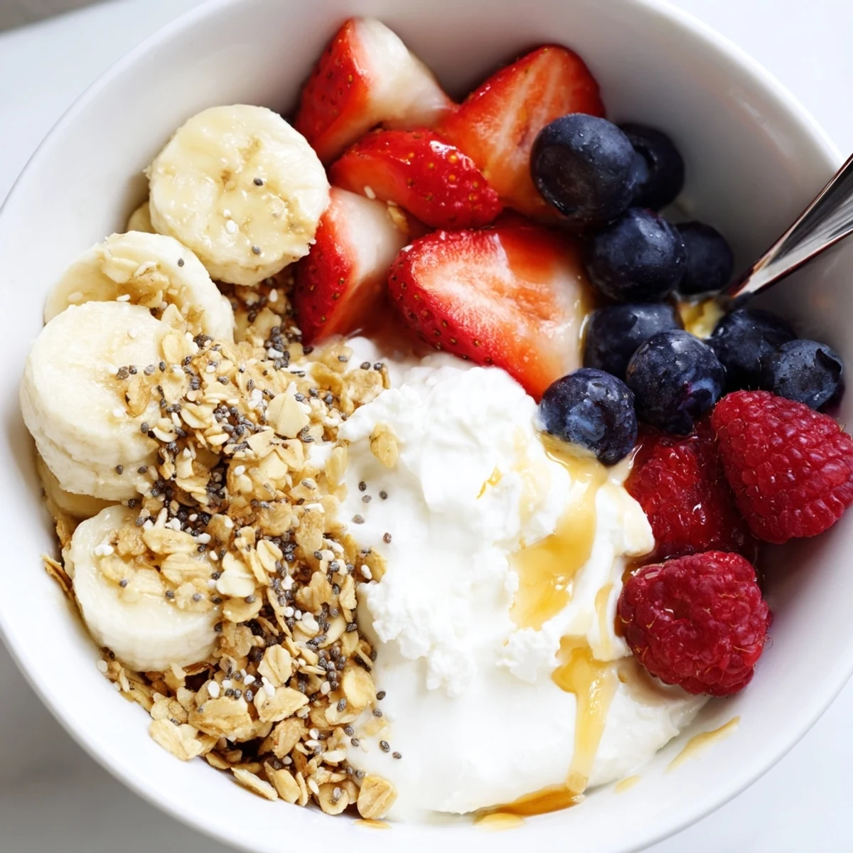 Creamy Cottage Cheese Breakfast Bowl topped with vibrant berries, crunchy granola, honey.