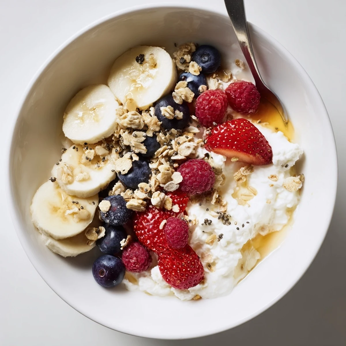 Glistening honey, crunchy granola, and juicy berries crown this Cottage Cheese Breakfast Bowl.