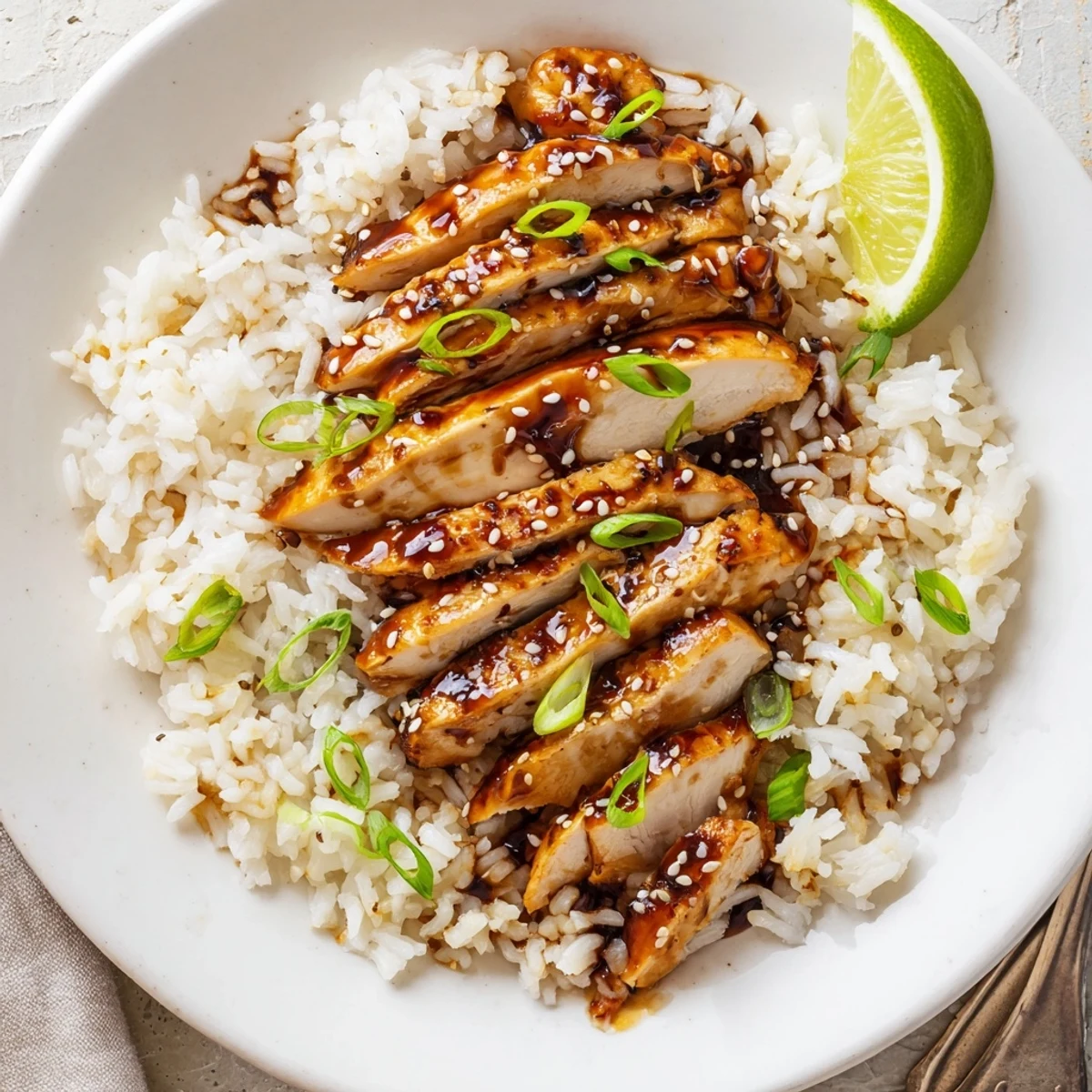 Spicy Maple Chicken And Coconut Rice glistening with sticky maple glaze, served with lime