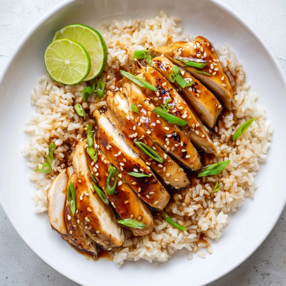 Warm Spicy Maple Chicken And Coconut Rice steaming with fragrant coconut, sesame and scallions