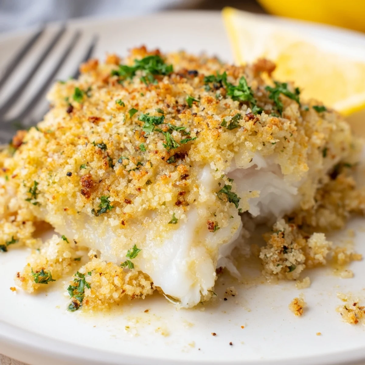 Boston Baked Cod with golden breadcrumb crust, lemon wedges and parsley