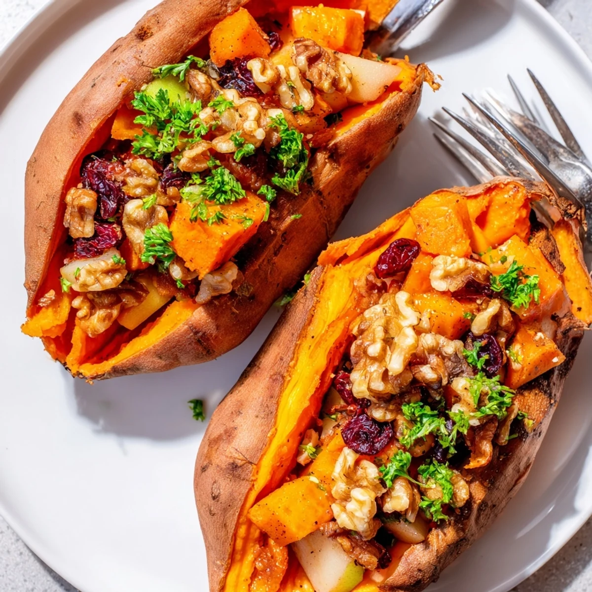 Oven-roasted Stuffed Sweet Potatoes With Apples, cinnamon aroma and crunchy walnuts