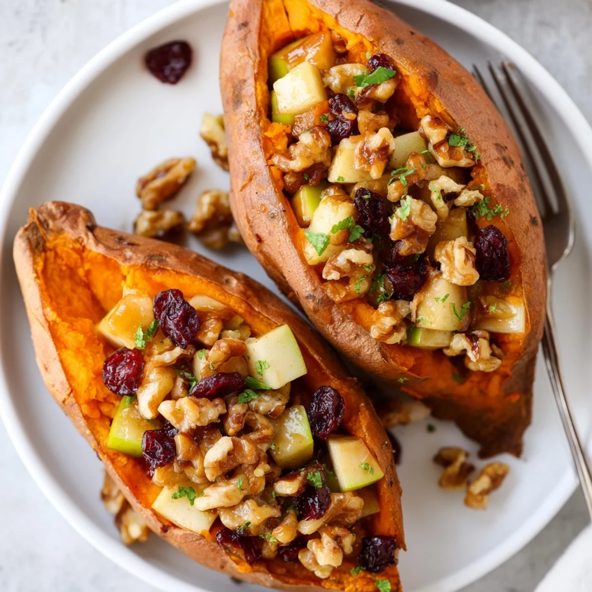 Warm Stuffed Sweet Potatoes With Apples topped with maple drizzle and cranberries
