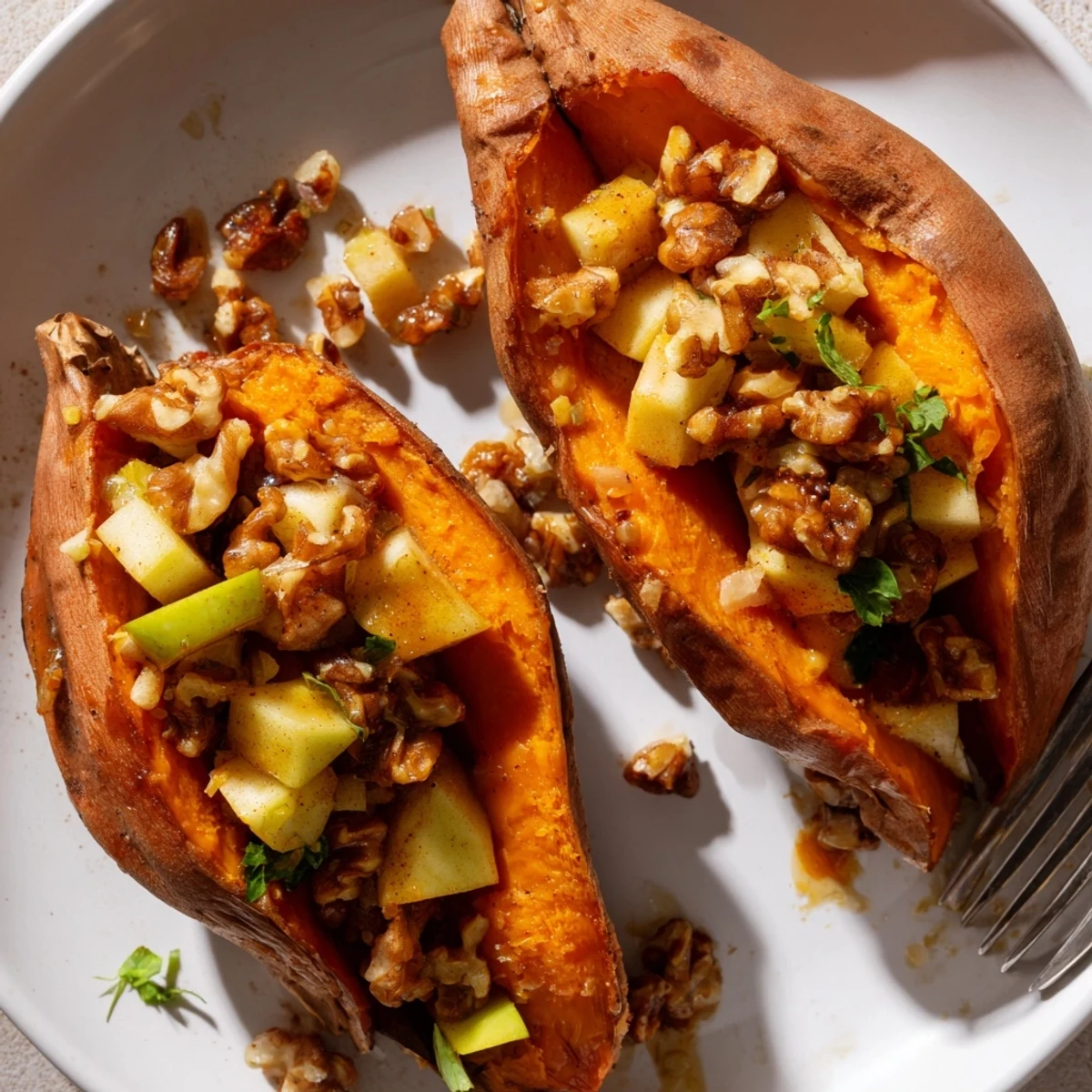 Fluffy baked Stuffed Sweet Potatoes With Apples filled with buttery apple walnut filling