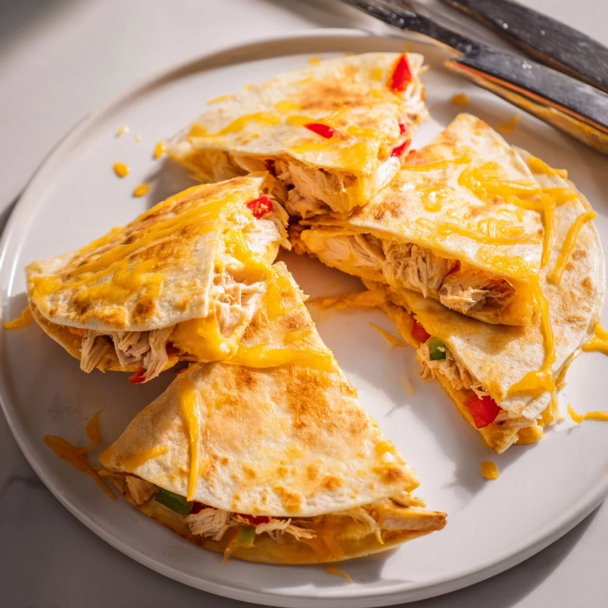 Sliced Chicken Breakfast Quesadilla on plate with avocado, sour cream, fresh salsa
