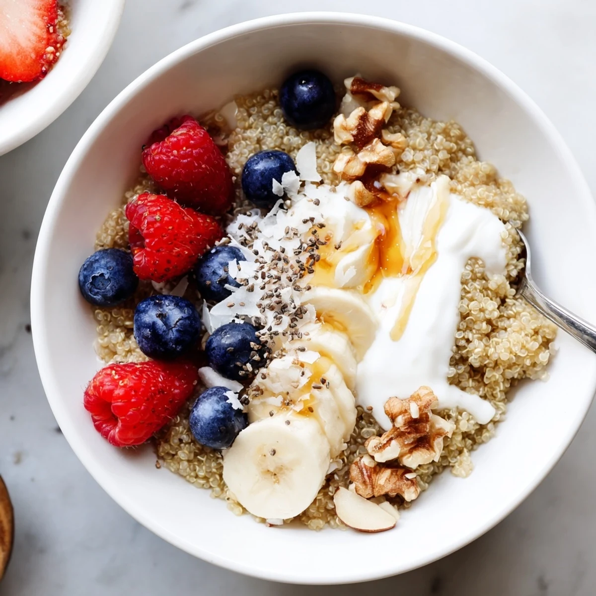 A protein-packed Quinoa Breakfast Bowl layered with banana, chia seeds, crunchy nuts