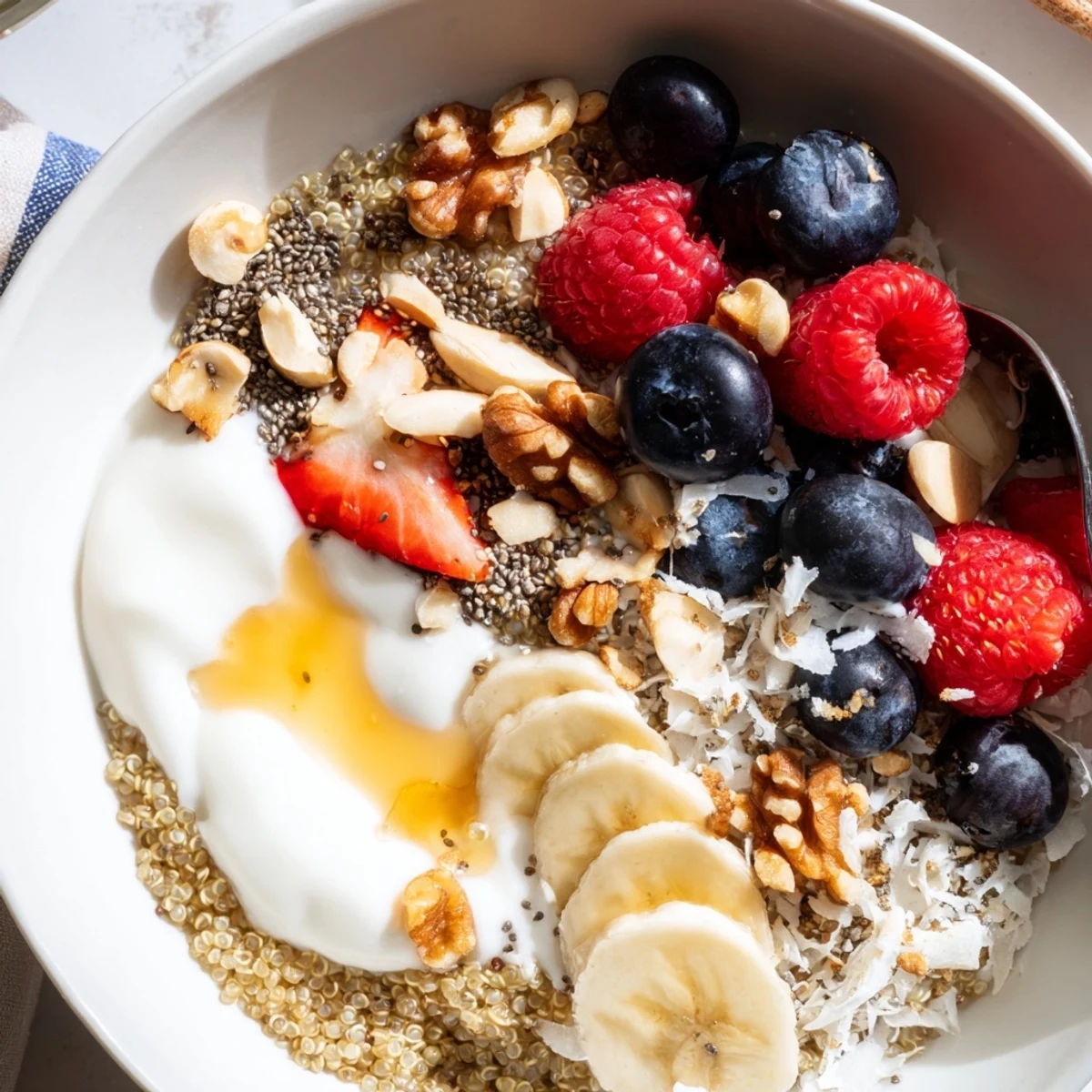 Warm Quinoa Breakfast Bowl served on a wooden board, sprinkled with nuts