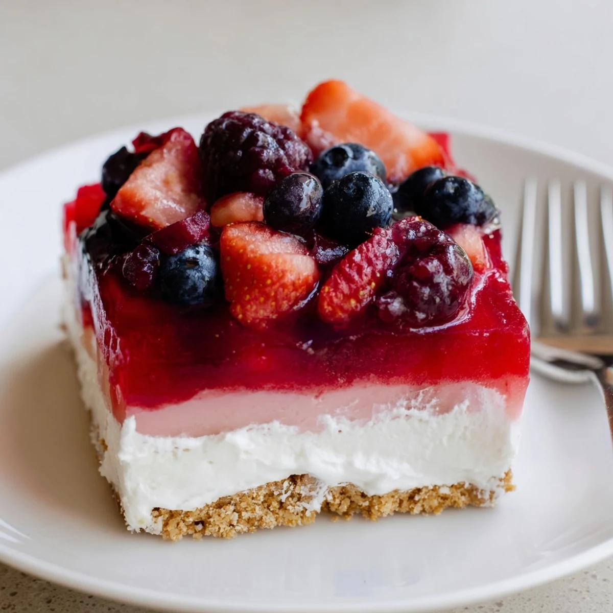 Summer Berry Jello Lasagna shown in glass baking dish, glossy layers, creamy filling