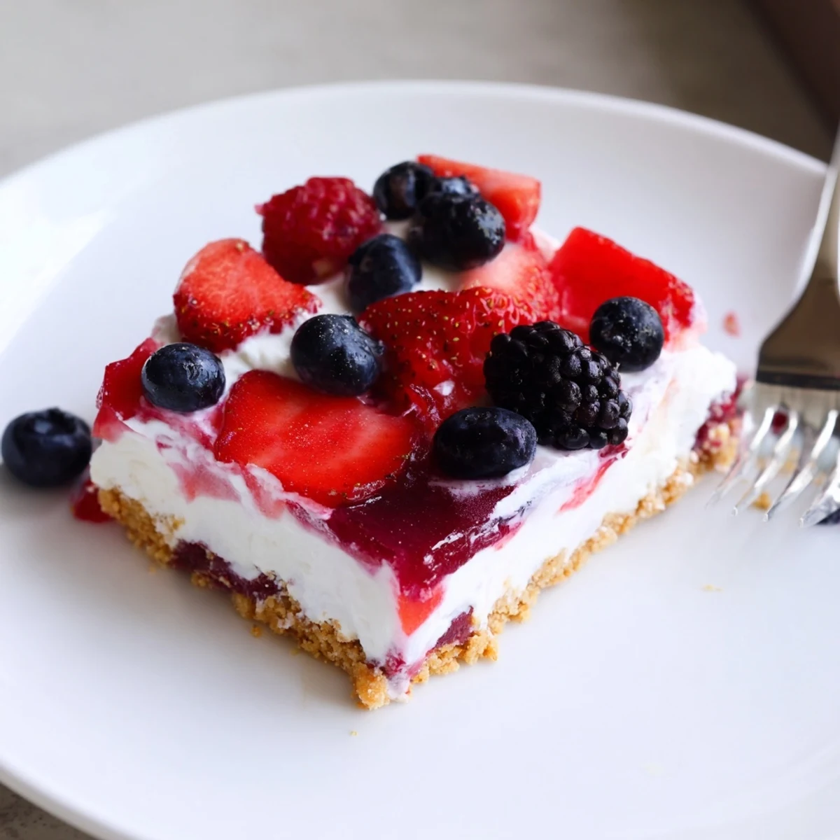 Slicing into chilled Summer Berry Jello Lasagna topped with whipped cream and berries