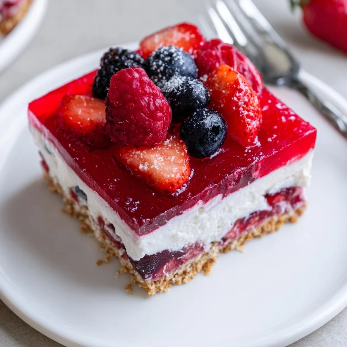 Picnic-ready Summer Berry Jello Lasagna layered cold, sweet jello and whipped topping