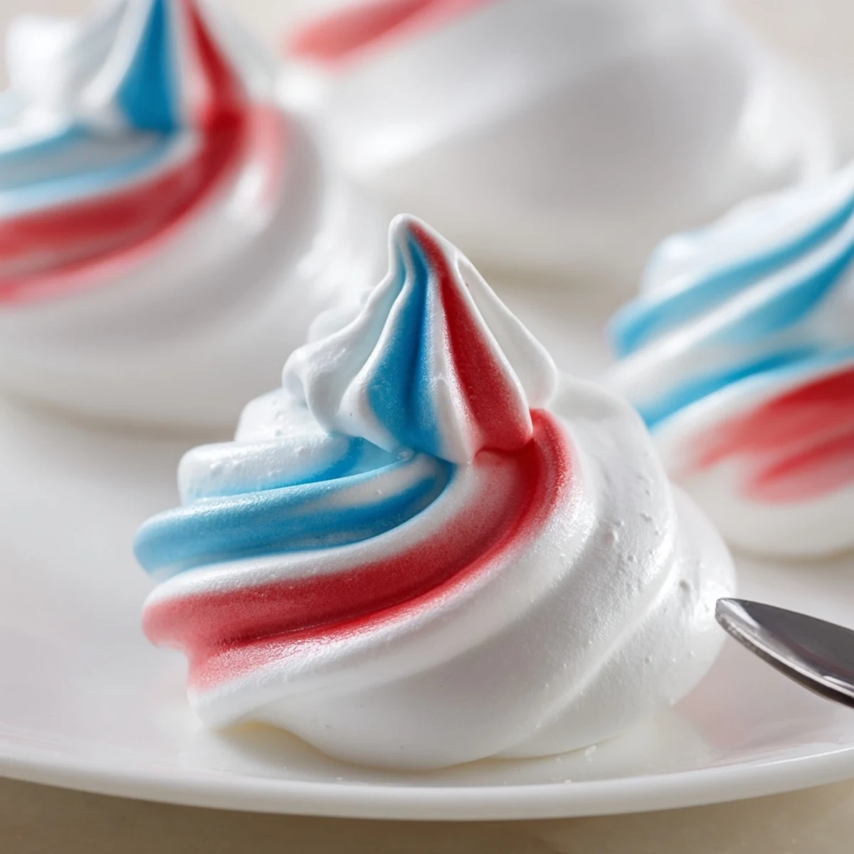 Small Patriotic Meringue Kisses piped with glossy peaks, cooling on tray