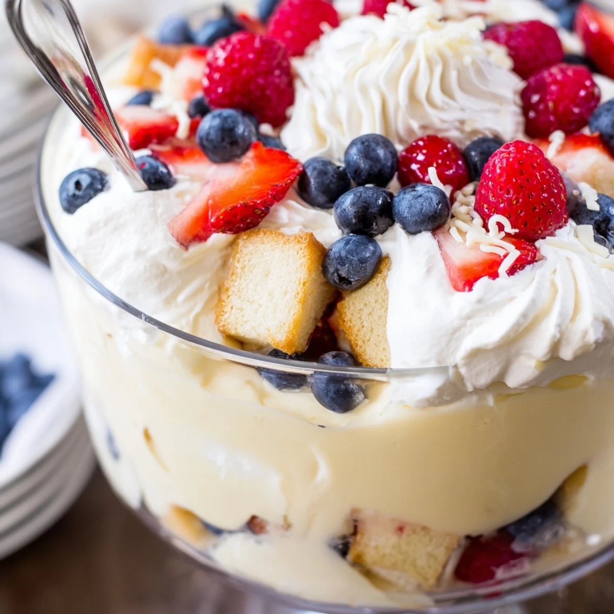 Red White And Blue Trifle layered with fluffy pound cake, creamy vanilla pudding