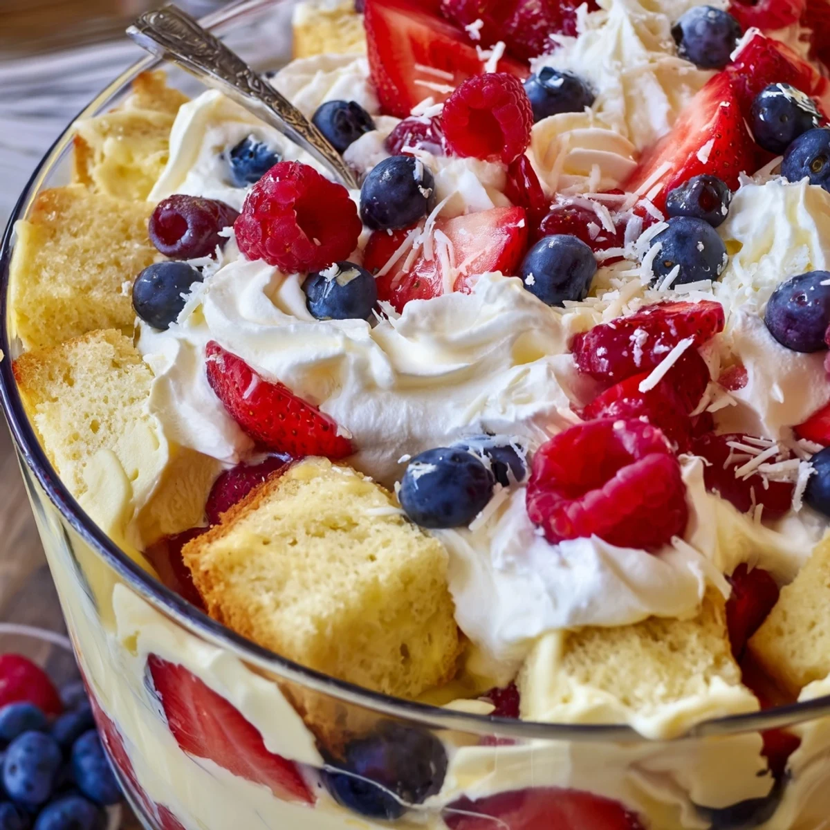 Red White And Blue Trifle spoon-ready with billowy whipped cream and fresh berries
