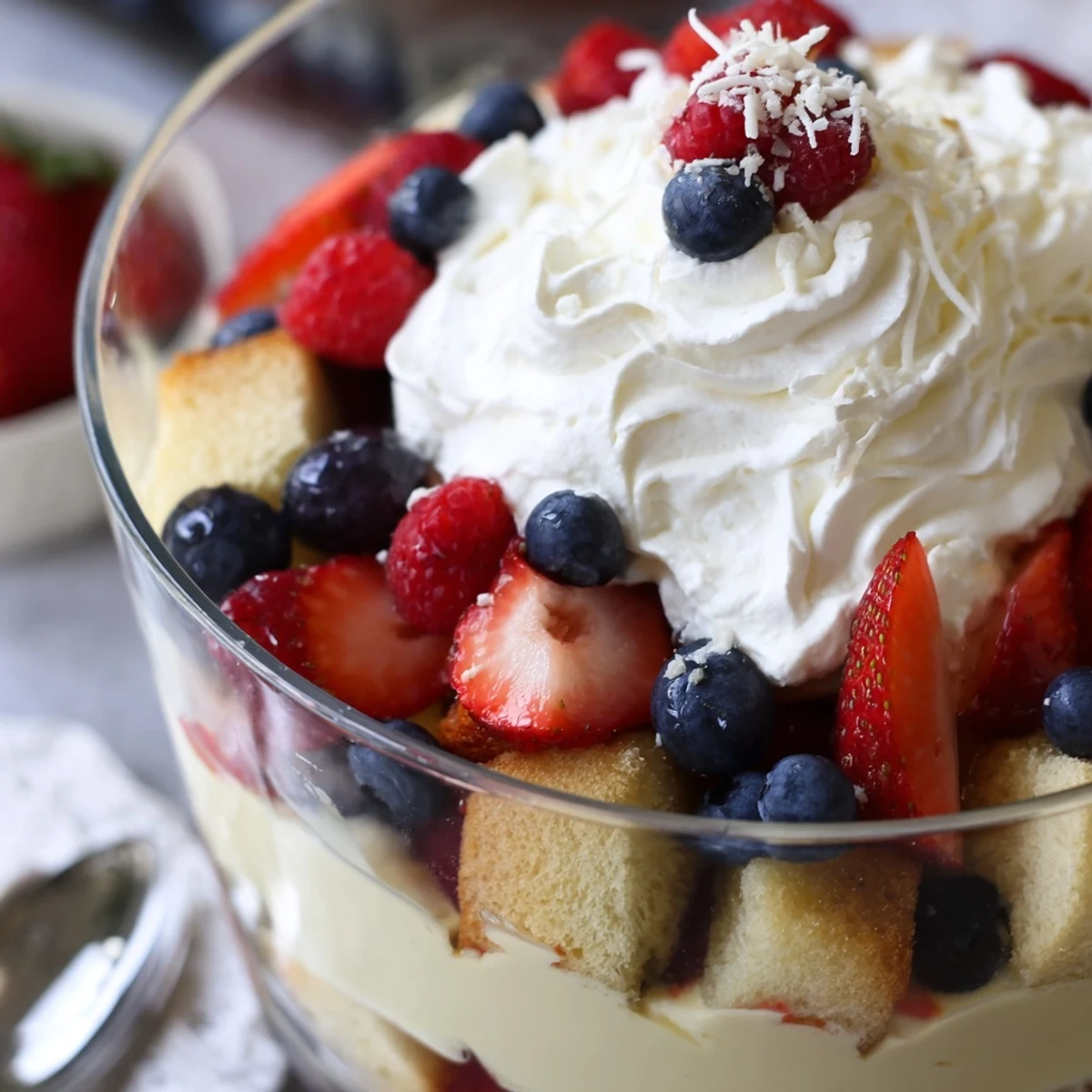 Red White And Blue Trifle chilled in a glass bowl, topped with berries