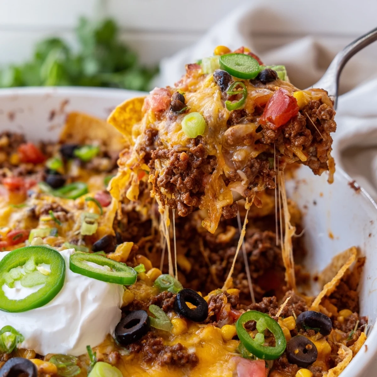 Cheesy Nacho Casserole bubbling golden, layered chips and seasoned beef, ready to serve